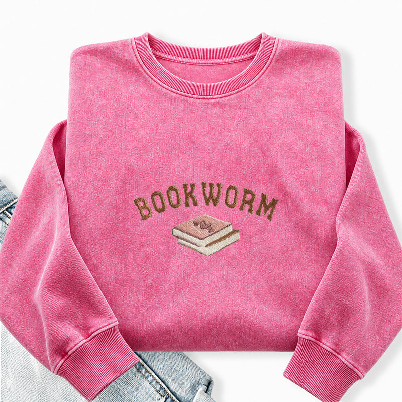 Embroidered Bookworm Washed Crewneck Sweatshirt