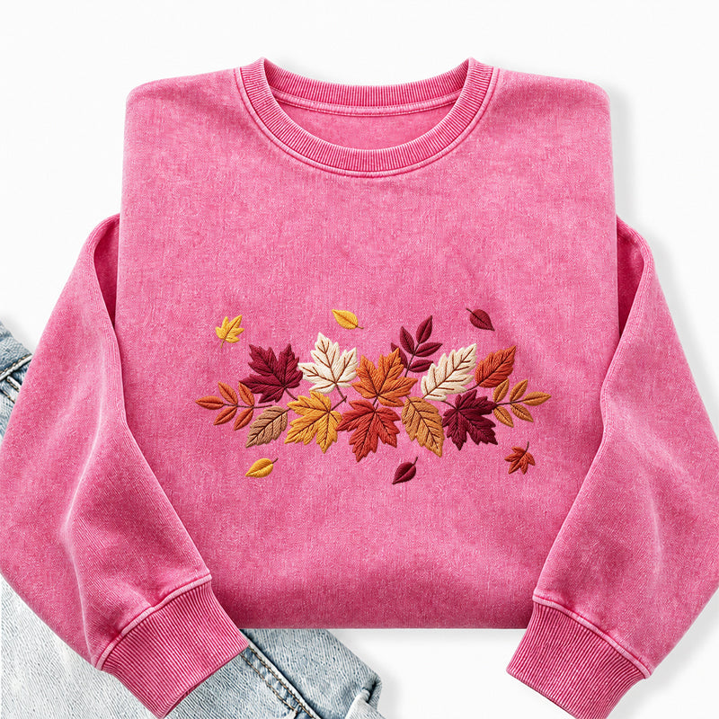 Embroidered Cozy Autumn Leaves Washed Crewneck Sweatshirt