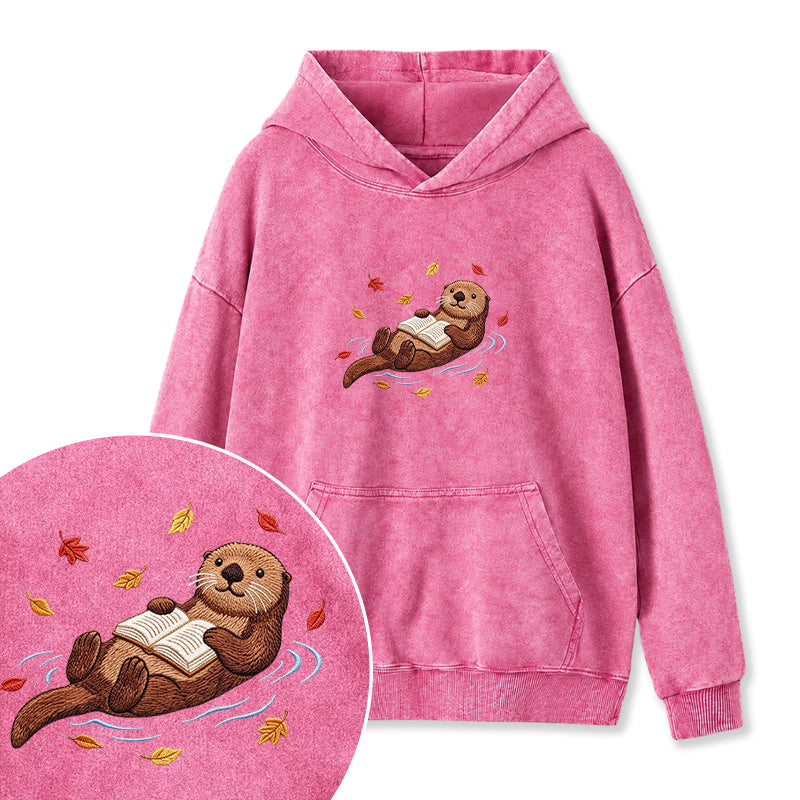 Embroidered Otter Reading Book Washed Hoodie