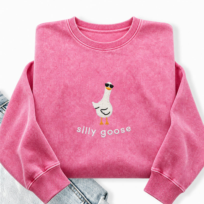 Embroidered Funny Silly Goose Washed Crewneck Sweatshirt
