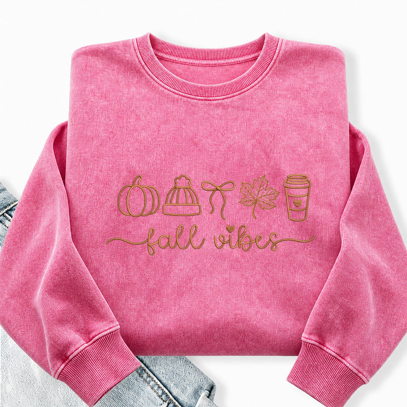 Embroidered Fall Vibes Washed Crewneck Sweatshirt