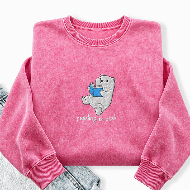 Embroidered Reading Is Cool Polar Bear Washed Crewneck Sweatshirt