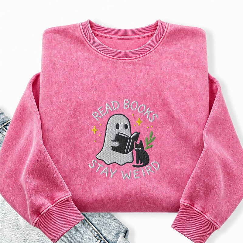 Embroidered Read Books Stay Weird Ghost Washed Crewneck Sweatshirt