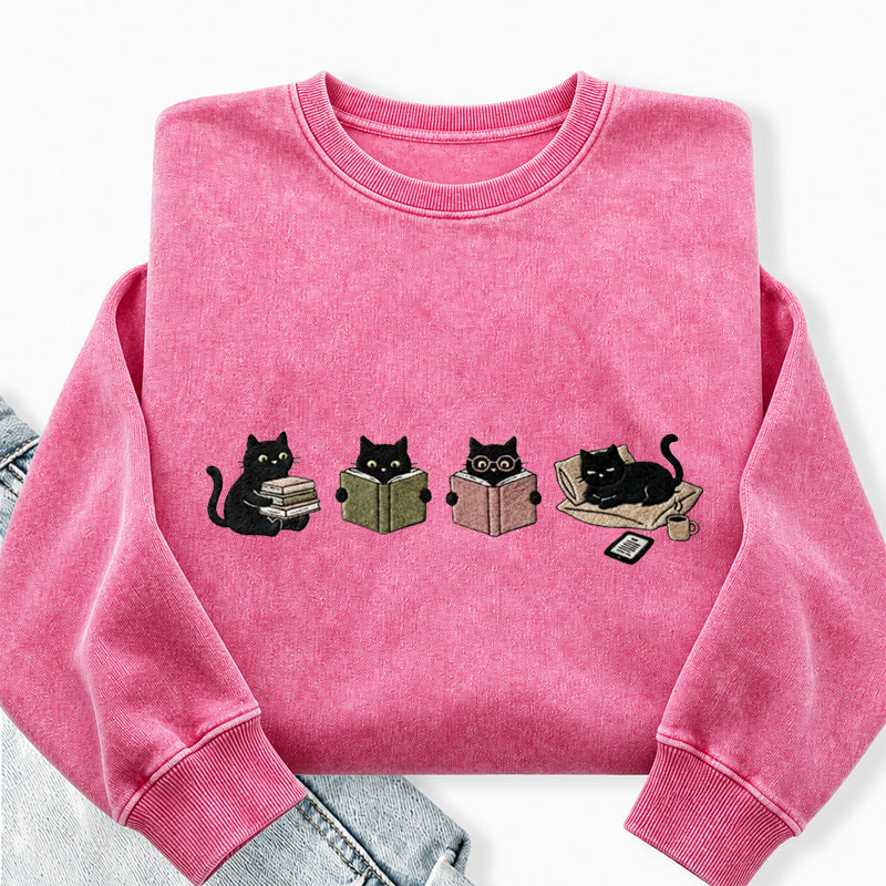 Embroidered Black Cat Reading Washed Crewneck Sweatshirt