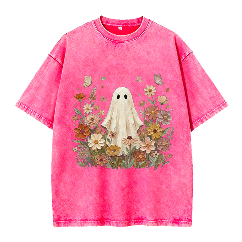 Vintage Ghost With Flowers Washed Crew Neck T-Shirt