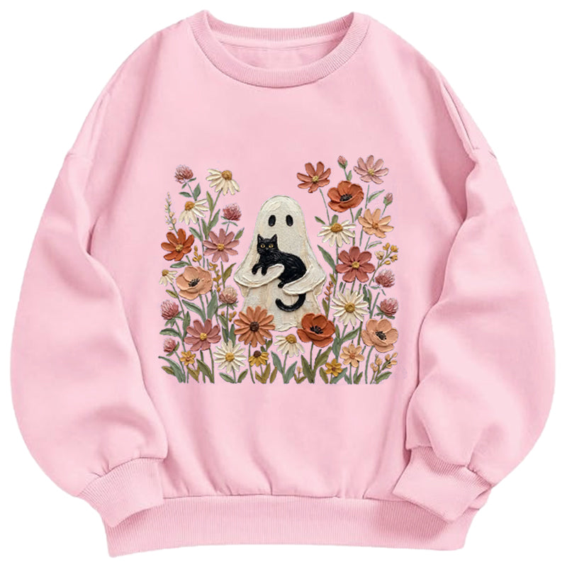 Ghost with Black Cat Floral Classic Adult Unisex Crewneck Sweatshirts