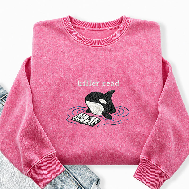 Embroidered Killer Read Orca Washed Crewneck Sweatshirt