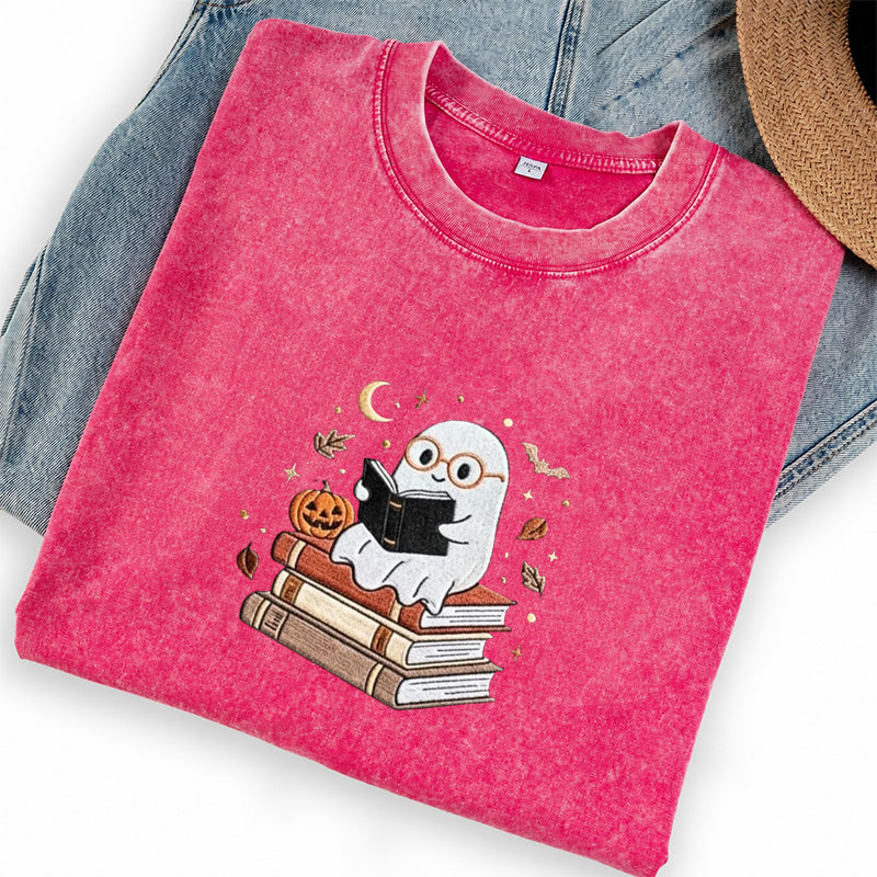 Embroidered Ghost Reading Books Washed Crew Neck T-Shirt