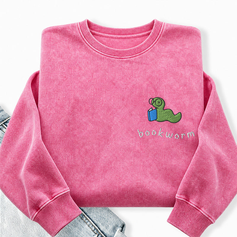 Embroidered Bookworm Washed Crewneck Sweatshirt