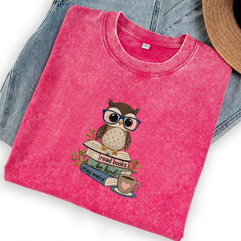Embroidered Read Books Be Kind Owl Washed Crew Neck T-Shirt