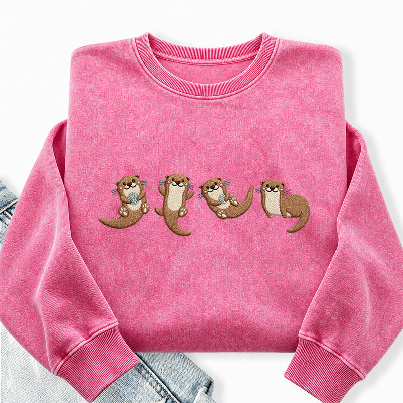 Embroidered Cute Otters Washed Crewneck Sweatshirt