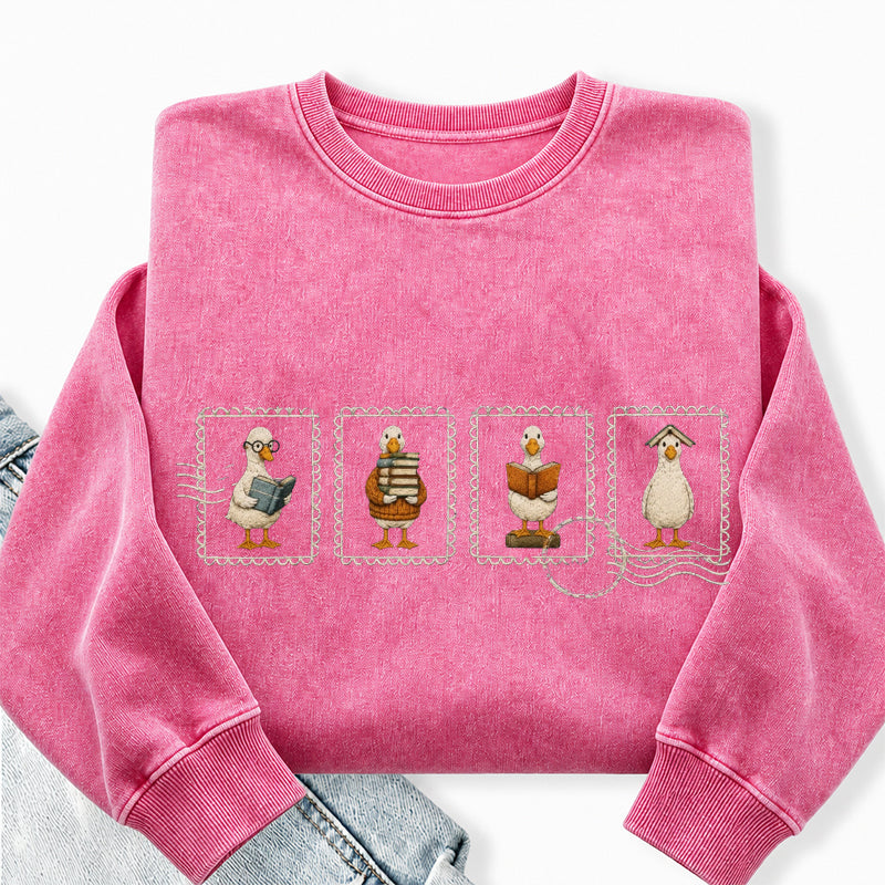 Embroidered Silly Goose Reading Washed Crewneck Sweatshirt