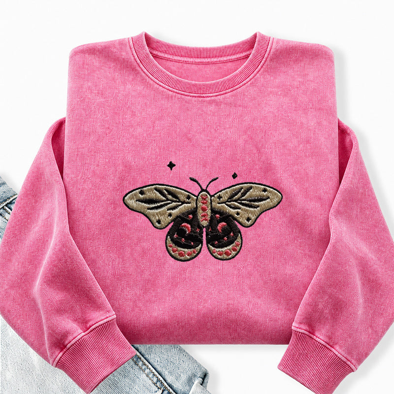 Embroidered Moth Butterfly Washed Crewneck Sweatshirt
