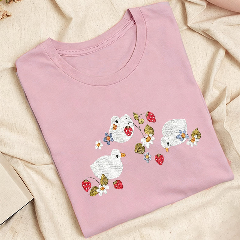 Embroidered Strawberry Duck Classic Adult Unisex Crew Neck T-Shirt