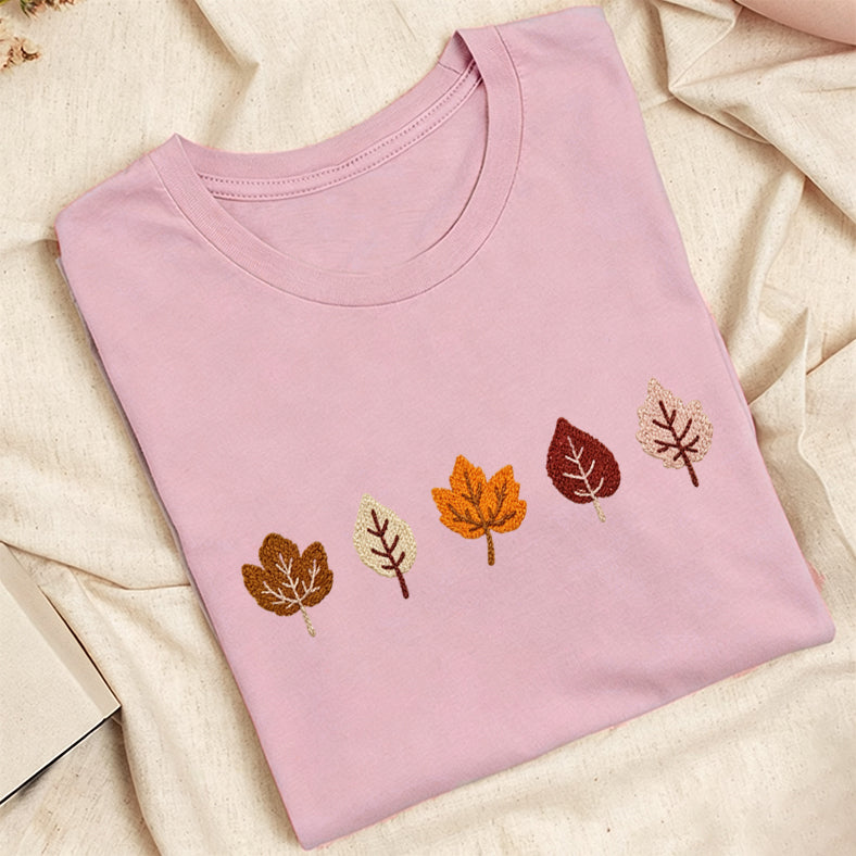 Embroidered Fall Leaves Classic Adult Unisex Crew Neck T-Shirt