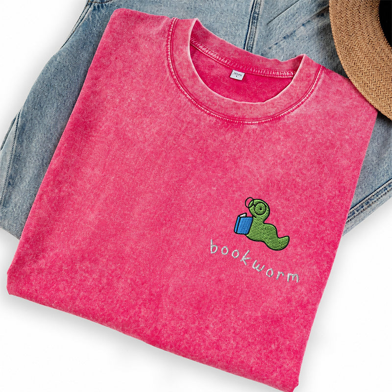 Embroidered Bookworm Washed Crew Neck T-Shirt