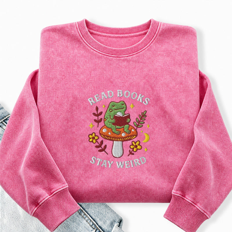 Embroidered Read Books Stay Weird Washed Crewneck Sweatshirt