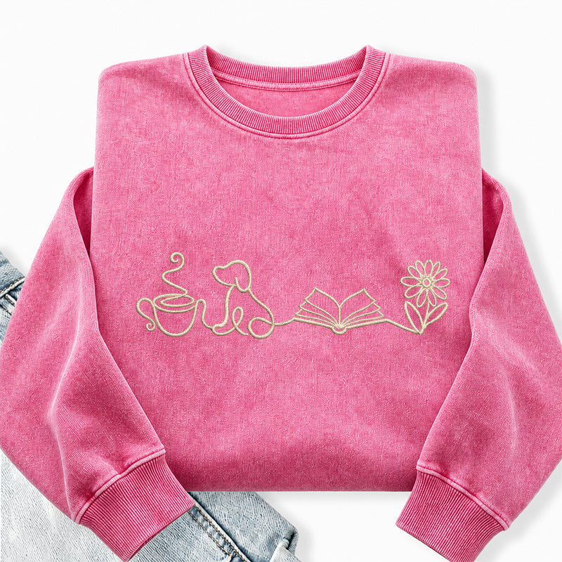 Embroidered Coffee Dog Book Flowers Washed Crewneck Sweatshirt