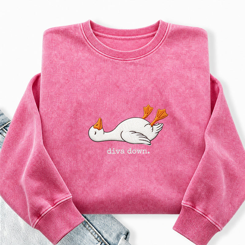 Embroidered Diva Down Goose Washed Crewneck Sweatshirt
