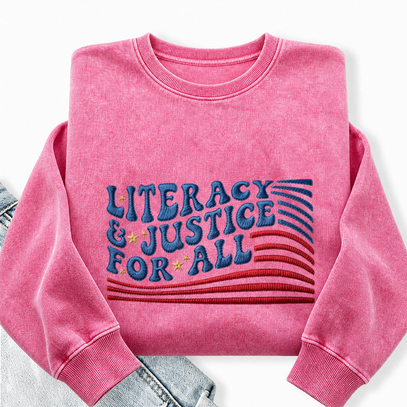 Embroidered Literacy And Justice For All Washed Crewneck Sweatshirt