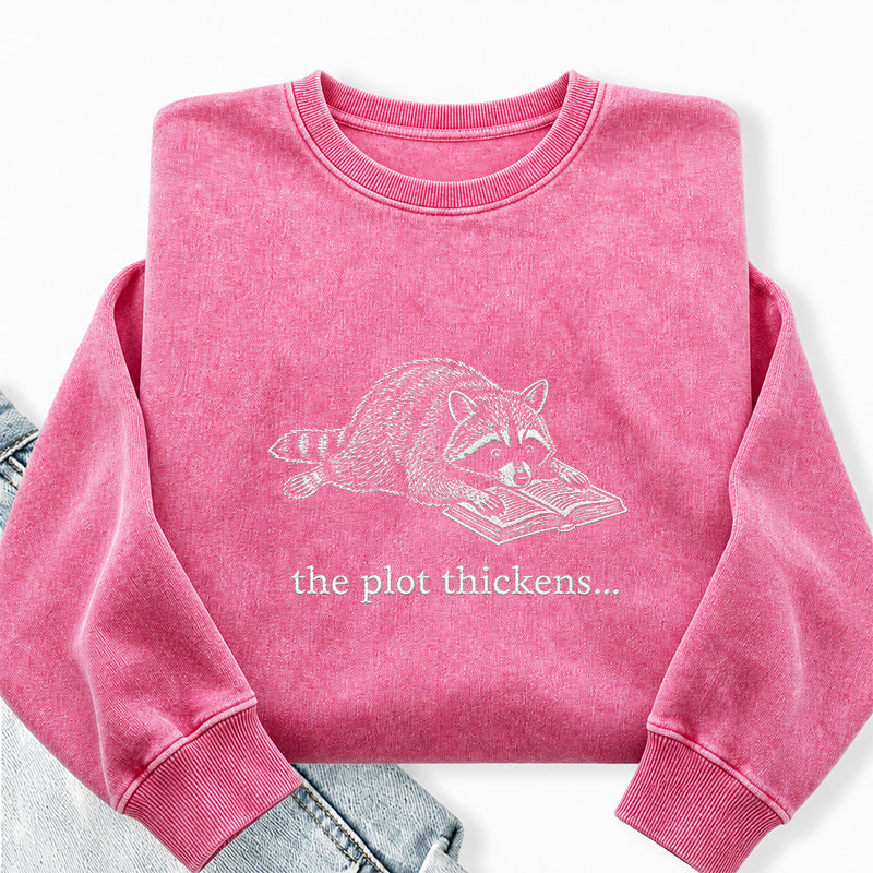 Embroidered The Plot Thickens Reading Raccoon Washed Crewneck Sweatshirt