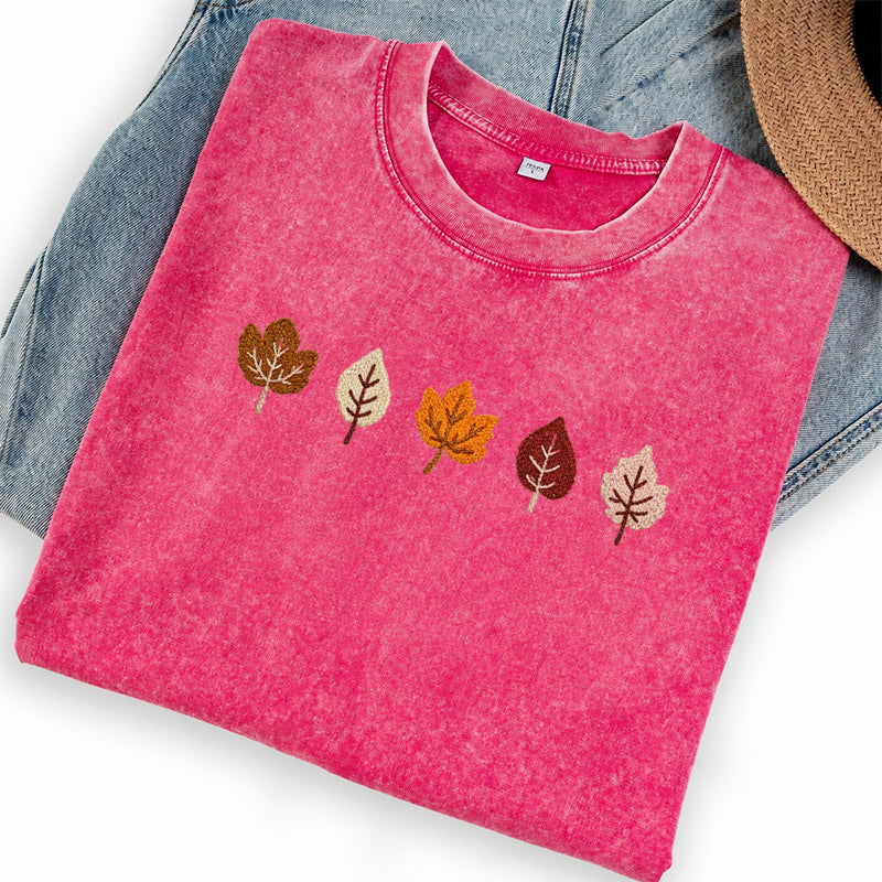 Embroidered Fall Leaves Washed Crew Neck T-Shirt