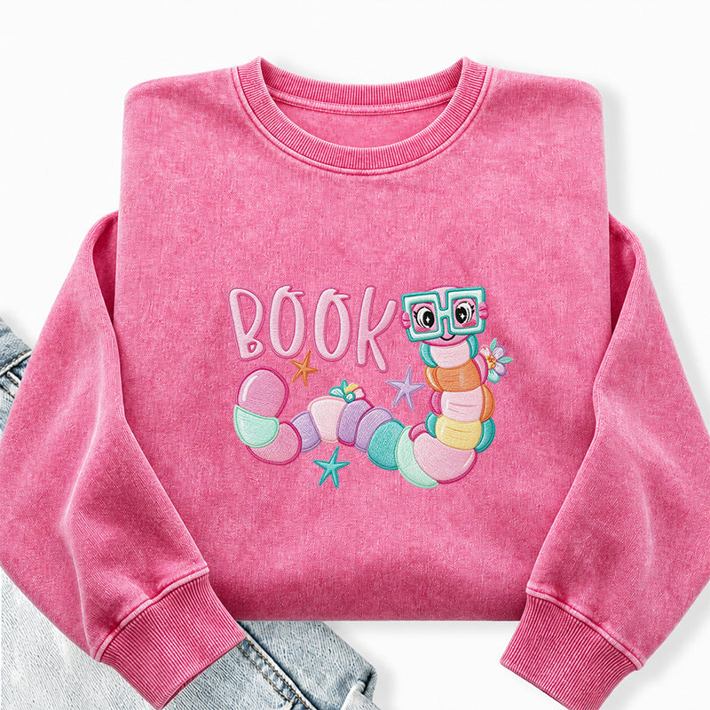 Embroidered Reading Book Worm Washed Crewneck Sweatshirt