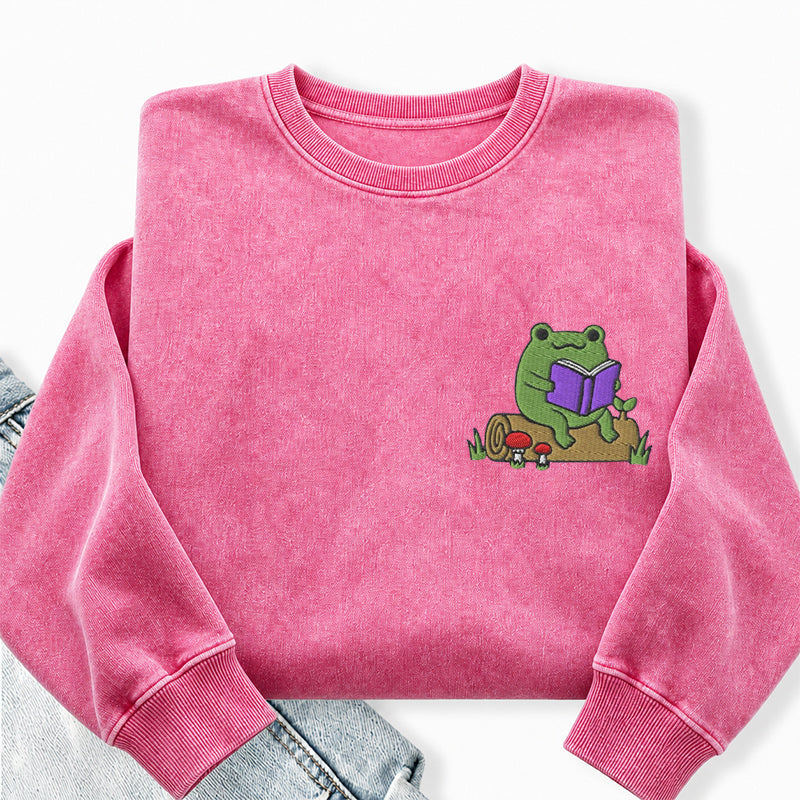Embroidered Reading Frog Washed Crewneck Sweatshirt
