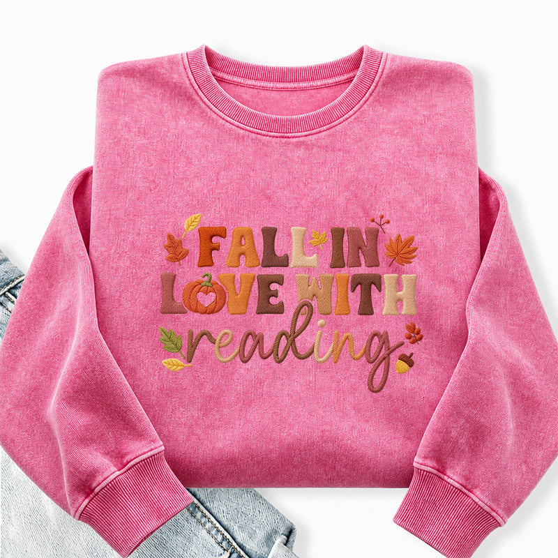 Embroidered Fall In Love With Reading Washed Crewneck Sweatshirt