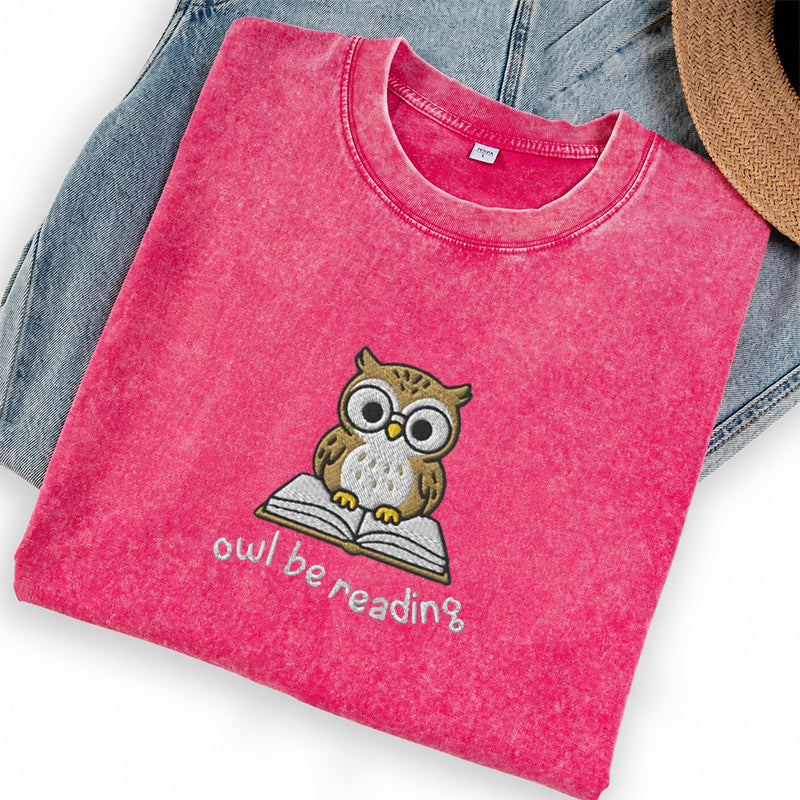 Embroidered Owl Be Reading Washed Crew Neck T-Shirt