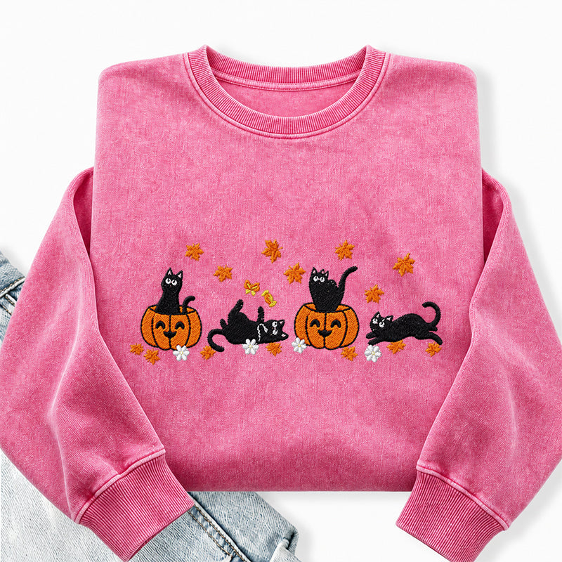 Embroidered Halloween Black Cat Washed Crewneck Sweatshirt