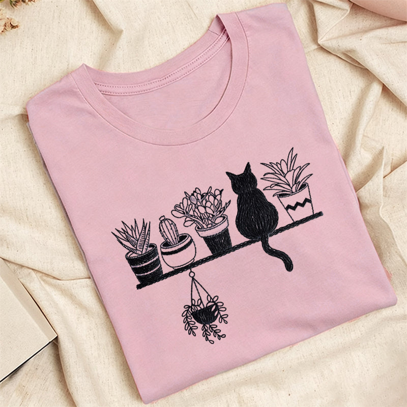Embroidered Cats And Plants Classic Adult Unisex Crew Neck T-Shirt