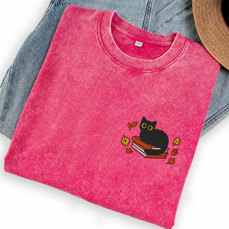 Embroidered Autumn Black Cat Book Washed Crew Neck T-Shirt