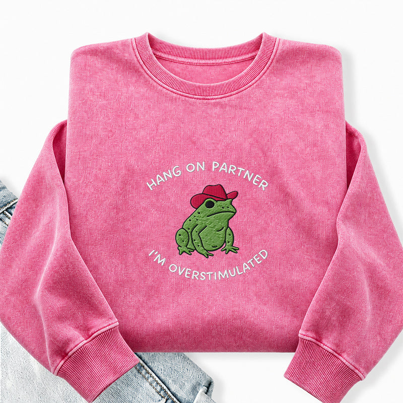 Embroidered Hang On Partner Cowboy Frog Washed Crewneck Sweatshirt