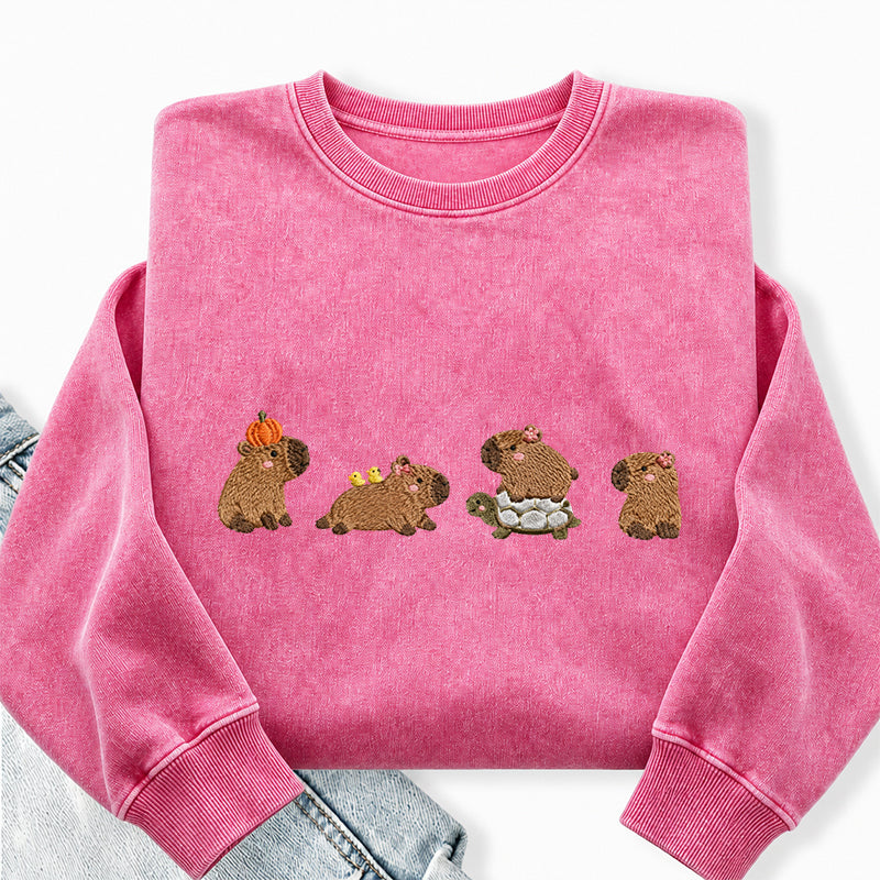 Embroidered Cute Capybara Washed Crewneck Sweatshirt