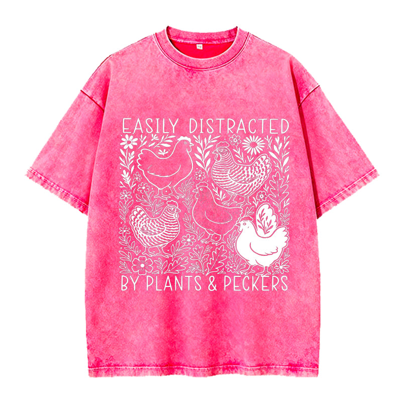 Easily Distracted By Plants and Peckers Washed Crew Neck T-Shirt