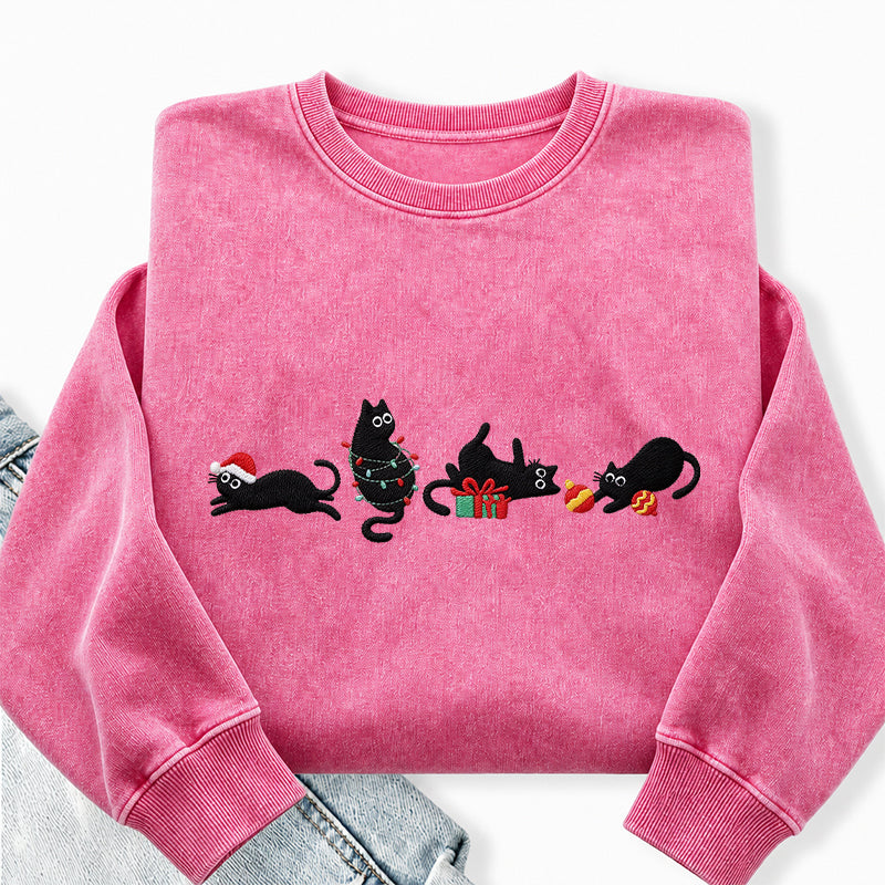 Embroidered Black Cat Christmas Washed Crewneck Sweatshirt