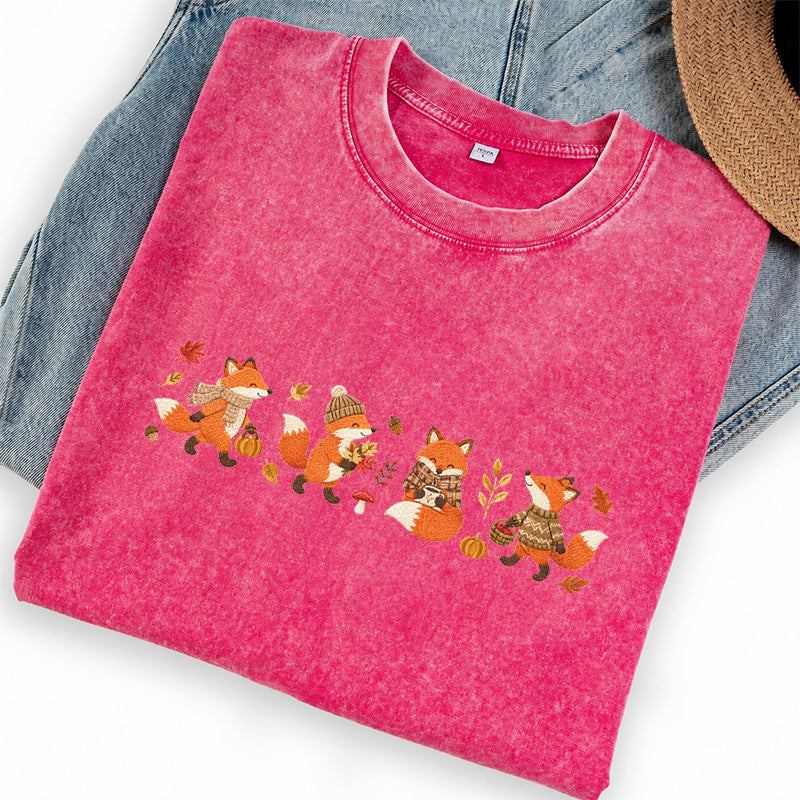 Embroidered Fall Fox Washed Crew Neck T-Shirt