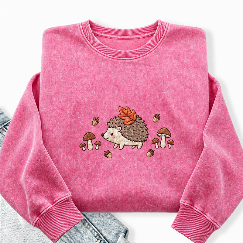 Embroidered Hedgehog Mushroom Washed Crewneck Sweatshirt