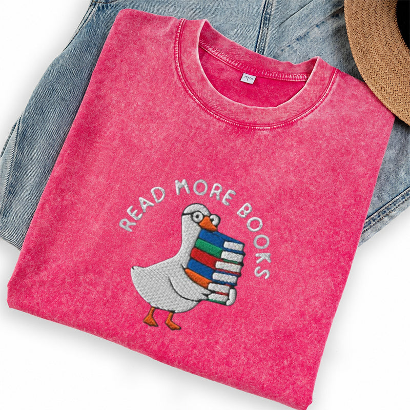 Embroidered Goose Read More Books Washed Crew Neck T-Shirt