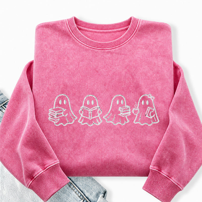 Embroidered Bookish Ghosts Washed Crewneck Sweatshirt