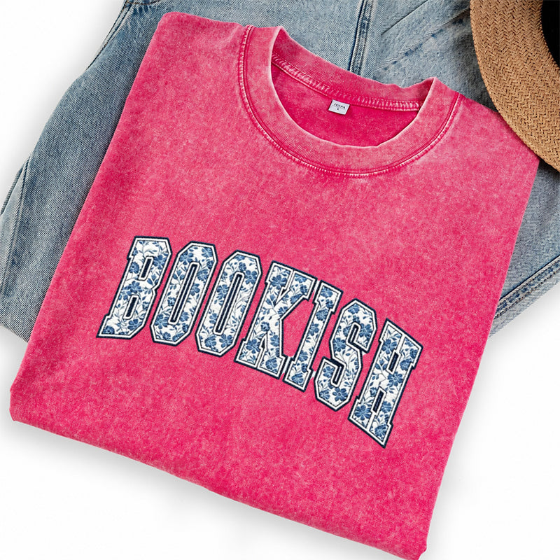 Embroidered Retro Bookish Washed Crew Neck T-Shirt