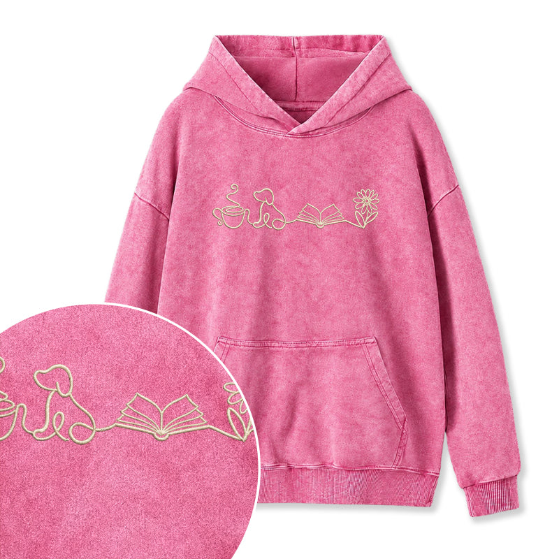 Embroidered Coffee Dog Book Flowers Washed Hoodie