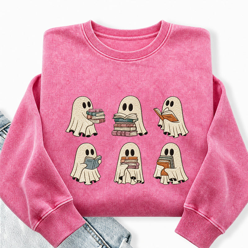 Embroidered Halloween Ghost Book Washed Crewneck Sweatshirt