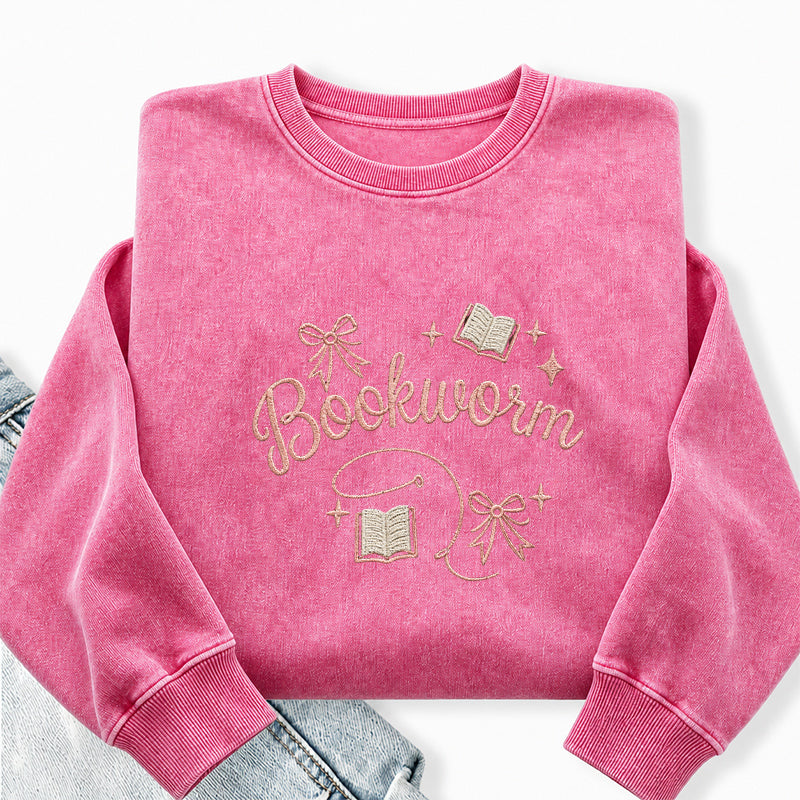 Embroidered Funny Bookworm Washed Crewneck Sweatshirt
