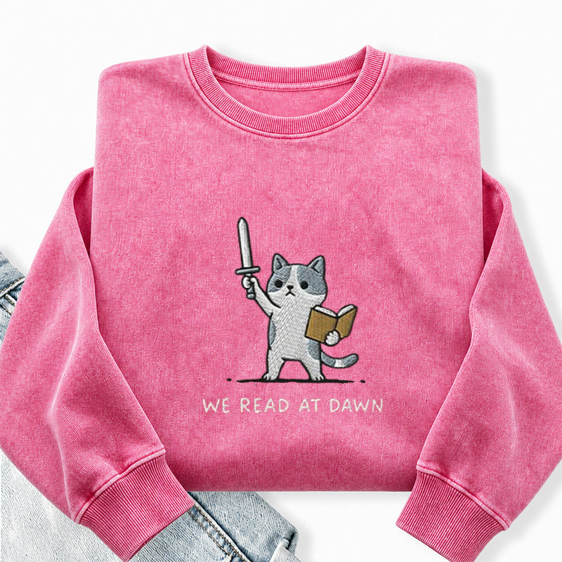 Embroidered We Read At Dawn Cat Washed Crewneck Sweatshirt