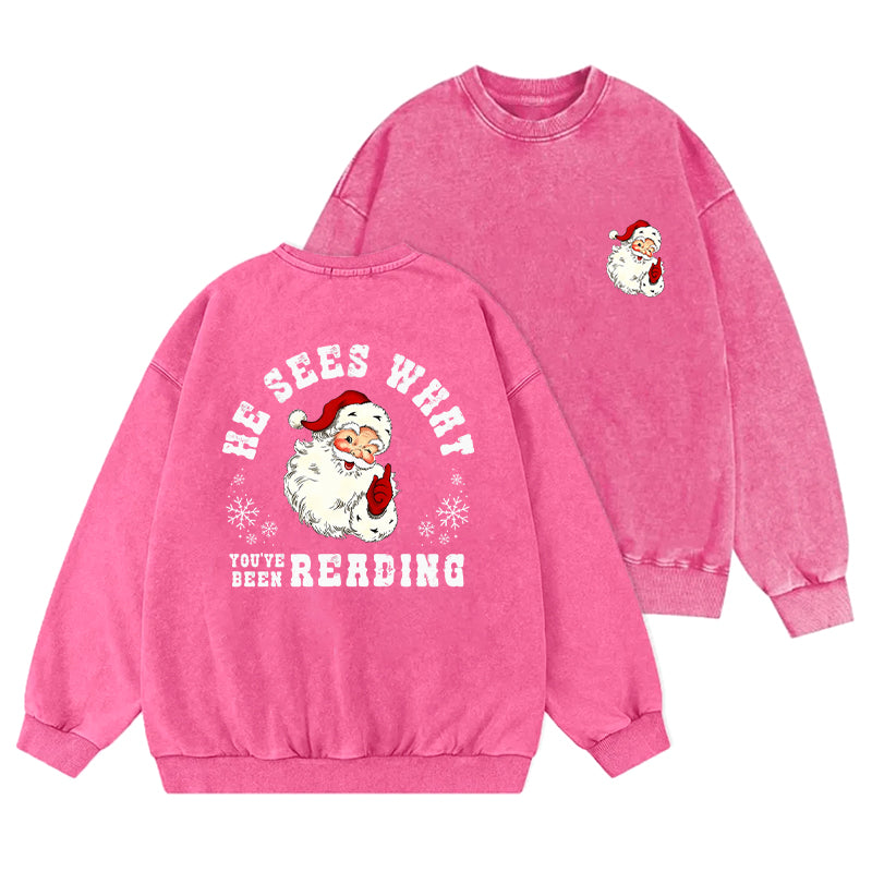 He Sees What You've Been Reading Santa Washed Crewneck Sweatshirt