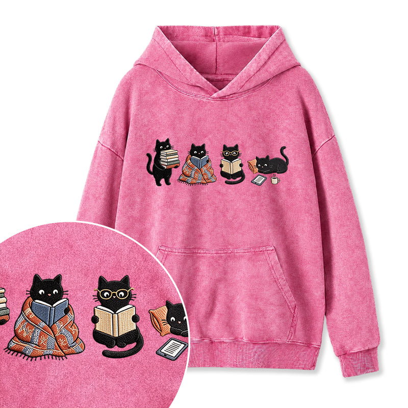 Embroidered Bookish Black Cats Washed Hoodie
