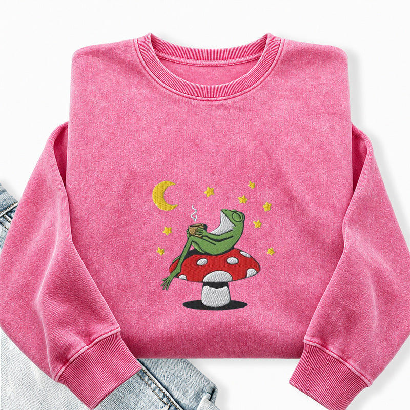 Embroidered Frog Night With Coffee Washed Crewneck Sweatshirt