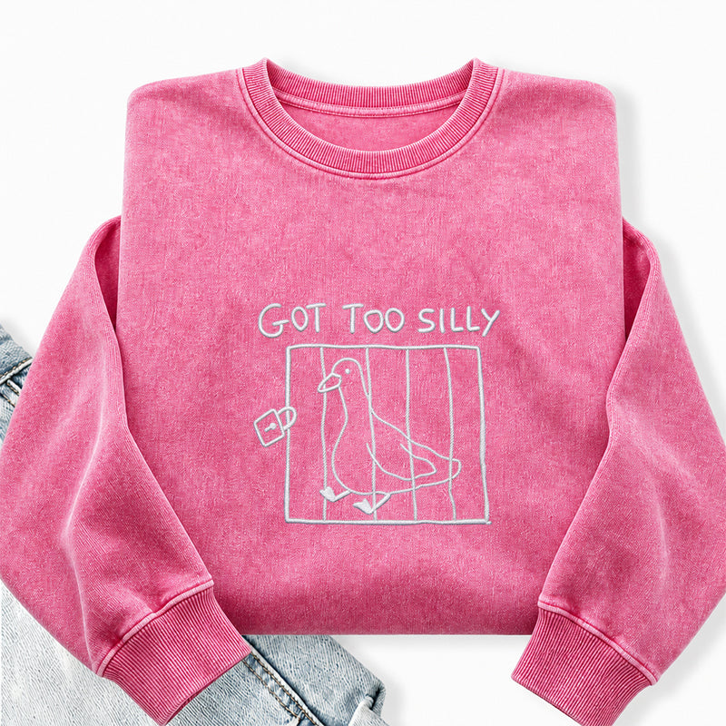 Embroidered Goose Got Too Silly Washed Crewneck Sweatshirt